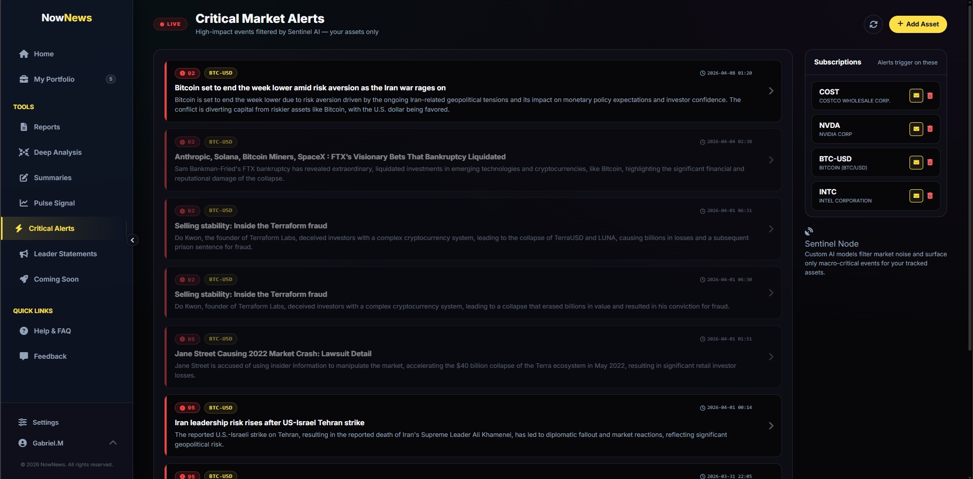 NowNews Critical Alerts dashboard